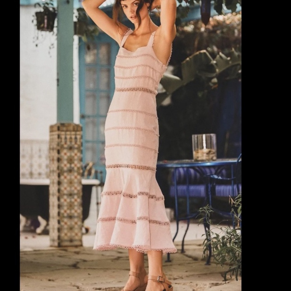 SAYLOR linen Crochet Serra Tiered Blush Pink Midi Dress